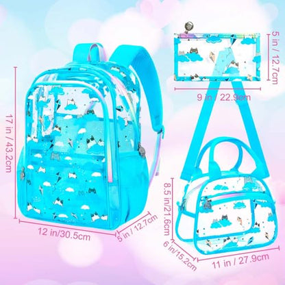 gxtvo 3PCS Clear Backpack Heavy-Duty Set for Women & Teen Girls, 17" Sky Blue Transparent Bookbag with Rainbow Strap, Cute Cloud Cat See Through School Bag - color: Sky Blue Cloud Cat Clear Backpack Set