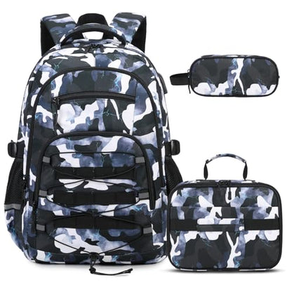 ACESAK Camo Backpack for Boys, Tactical Kids Backpack Boys, School Bags for Boy Children Teens Kids Elementary Middle High School, Military Bookbag and Lunch Bag Pencil Case Set with USB Charging Port - color: Black Blue Camo