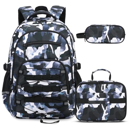 ACESAK Camo Backpack for Boys, Tactical Kids Backpack Boys, School Bags for Boy Children Teens Kids Elementary Middle High School, Military Bookbag and Lunch Bag Pencil Case Set with USB Charging Port - color: Black Blue Camo