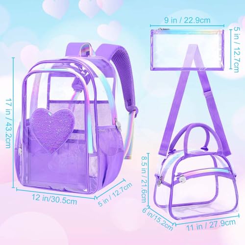 gxtvo 3PCS Transparent Backpack Heavy-Duty Set for Women & Teen Girls, 17" See Through Bookbag with Rainbow Strap, Purple Sequins Clear School Bag - color: Purple Sequins Clear Backpack Set