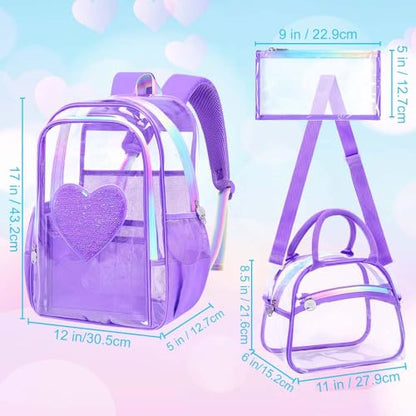 gxtvo 3PCS Transparent Backpack Heavy-Duty Set for Women & Teen Girls, 17" See Through Bookbag with Rainbow Strap, Purple Sequins Clear School Bag - color: Purple Sequins Clear Backpack Set