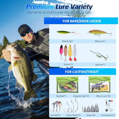 Fishing Tackle Backpack with 2 Tackle Boxes, 208PCS Complete Fishing Gear Kit for Beginners, Waterproof Fishing Bag Organizer with Fish Hook Remover, Lip Gripper, Pliers, Ideal Gift for Men