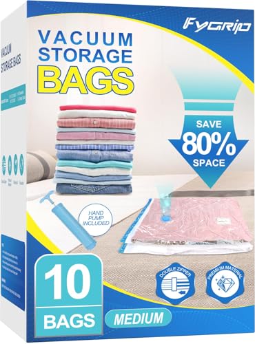Fygrip Vacuum Storage Bags with Hand Pump, Plastic Packaging Bags, 80% Space Saver Vacuum Seal Bags for Clothing, Travel Lugggage, Blankets, Comforters, 10 Medium