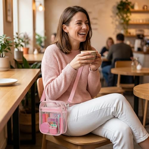 Clear Stadium Bag, Clear Purse for Sport Events and Concerts, Transparent Messenger Clear Crossbody Bag for Women - color: Pink