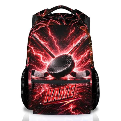 Custom Boys Backpack, Personalized Kids Hockey School Bag with Name - 17" Cool Ice Hockey Bookbag for Elementary Middle Students - color: Red