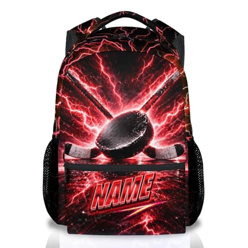 Custom Boys Backpack, Personalized Kids Hockey School Bag with Name - 17" Cool Ice Hockey Bookbag for Elementary Middle Students - color: Red