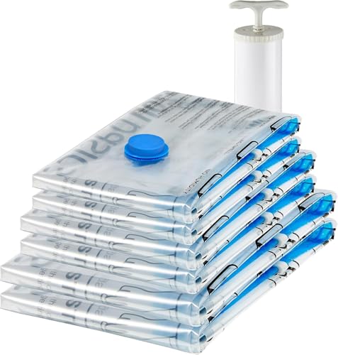 Amazon Basics Vacuum Storage Bags for Clothing, Multiple Sizes Compression Zipper Bags with Hand Pump for Space Saving and Travel, 6-Pack (2 Medium, 2 Large, 2 Jumbo), Transparent - size: Multiple