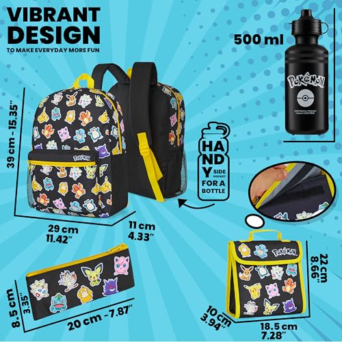 Pokemon Backpack Set 4 Pcs for Kids with Backpack Water Bottle Pencil Case Lunch Bag or Wallet Anime School Supplies Gifts (Black/Multi) - color: Black/Multi