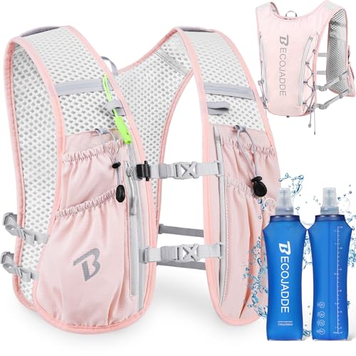 BECOJADDE Running Vest Hydration Backpack for Men Women, 5L Lightweight Running Backpack Hydration Pack for Marathon, Trail, Cycling, Hiking, Jogging - color: Pink, size: 5l Running Vest With Two 500ml Soft Water Bottles