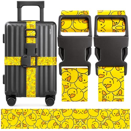 2 Pack Luggage Straps for Suitcases, Adjustable Travel Belt with Double Lock, Bright Colors Travel Packing Straps with Quick Release Buckle Unique Nylon for Sleeping Bag Car Seat (Duck)