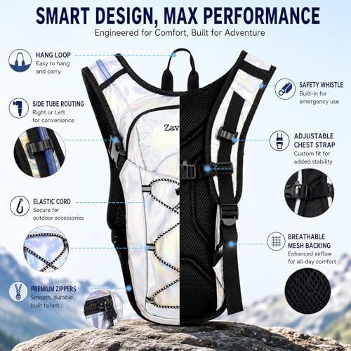Reflective Hydration Backpack, Hydration Pack - Water Backpack with 2L Hydration Bladder, Essential for Festivals - Rave Hydration Pack for Hiking, Running, Cycling, and Festivals - color: Pearl White
