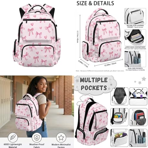 Pink Bow Backpack for Girls Back to School Backpack with Lunch Box Pencil Case and Water Bottle Holder 4 in 1 Lightweight 4th Grade Backpack for Girls Kids Bookbag for Primary School - color: Pink Bow