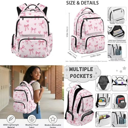 Pink Bow Backpack for Girls Back to School Backpack with Lunch Box Pencil Case and Water Bottle Holder 4 in 1 Lightweight 4th Grade Backpack for Girls Kids Bookbag for Primary School - color: Pink Bow