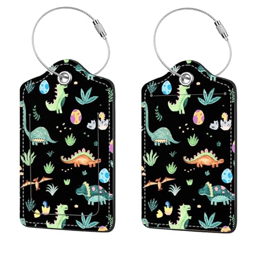 2 Pcs Luggage Tags for Suitcases, PU Leather Cruise Ship Luggage Tags with Privacy Cover Label Address Card and Durable Metal Ring Suitable for Men Women Handbags Backpacks Schoolbag,Small Dinosaur - color: Small Dinosaur