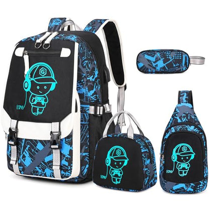 Bevalsa Backpack for Boys, Cool Luminous Boys Backpack with Sling Bag, Lunch Box & Pen Case, School Bags for Kids Children Teens Elementary Middle Schools, Bookbag Glow In The Dark (Blue) - color: Blue