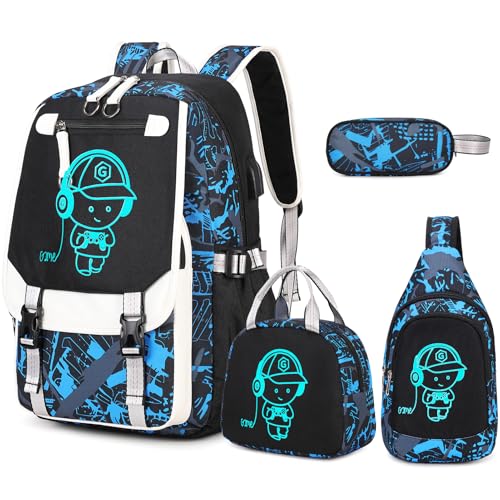 Bevalsa Backpack for Boys, Cool Luminous Boys Backpack with Sling Bag, Lunch Box & Pen Case, School Bags for Kids Children Teens Elementary Middle Schools, Bookbag Glow In The Dark (Blue) - color: Blue