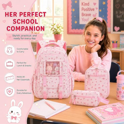 BTOOP Multi-Compartment Kids Backpack for Girls, 3PCS Cute Pink Bow School Backpack with Lunch Bag Pencil Case, Side Pocket Fits 40 oz Tumbler, Girls Bookbag for Elementary Middle School - color: Pink