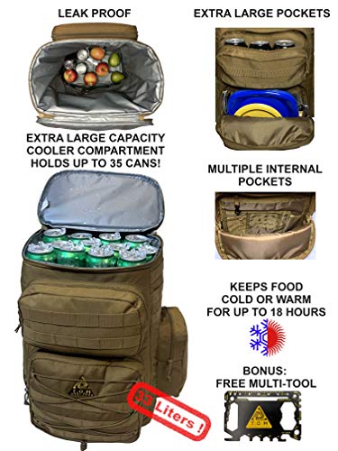 Cooler Backpack, Tactical, Insulated. Heavy Duty, Extra Large, Leak Proof for Hiking, Camping, Beach. Bonus, Credit Card Multi Tool Included