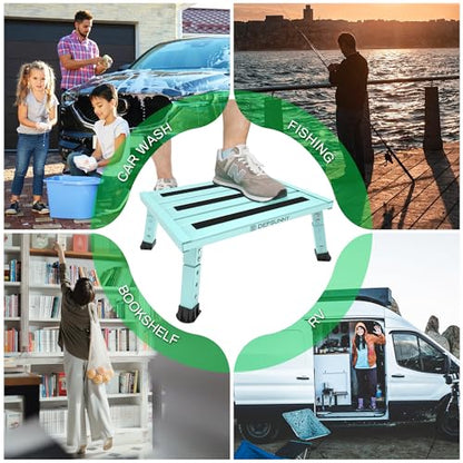 Adjustable Height Aluminum RV Step, Stable Foldable Platform Step Stool, Supports Up to 1,000 lb, Non-Slip Rubber Feet and Platform Mat, Easy to Carry (Green) - color: Green