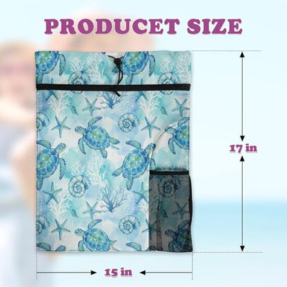 Sea Turtle Drawstring Backpack, 15” x 17” Waterproof Swim Bag for Beach Swimming Pool, Lightweight Foldable Gym Bag with Water Bottle Holder for Sports Travel - color: Sea Turtle