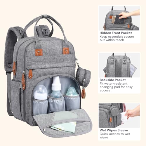 BabbleRoo Diaper Bag Backpack - Baby Essentials Travel Tote - Multi Function Water Resistant Diaper Bag, Travel Essentials Baby Bag with Changing Pad, Stroller Straps & Pacifier Case - Light Gray - color: Light Gray, size: Large