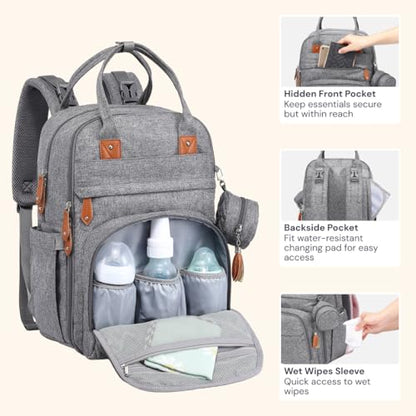 BabbleRoo Diaper Bag Backpack - Baby Essentials Travel Tote - Multi Function Water Resistant Diaper Bag, Travel Essentials Baby Bag with Changing Pad, Stroller Straps & Pacifier Case - Light Gray - color: Light Gray, size: Large