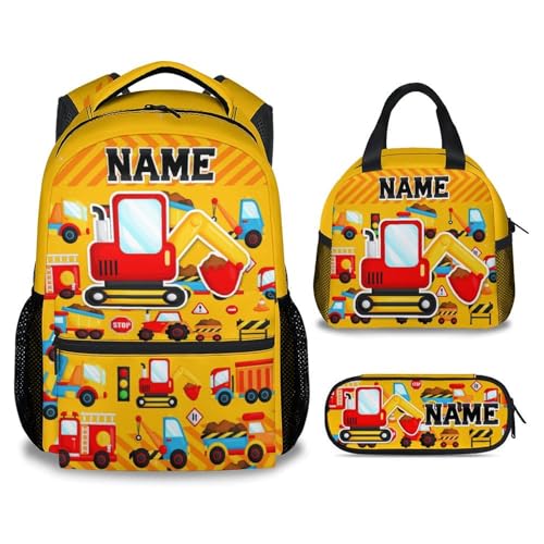 3PCS Personalized School Backpack for Boys Kids Toddlers Excavator Lovers; 17 Inch Kindergarten Construction School Bag with Lunch Box for Primary Students - color: Yellow