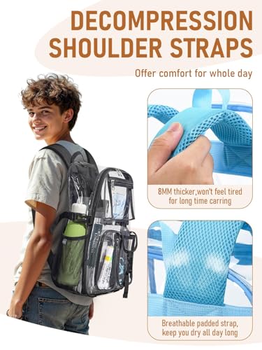 Clear Backpack Heavy Duty for Women Men Boys Girls, Large Clear Bookbag See Through Backpack for School College - color: 13-8#light+pouch-no Reflective Strips
