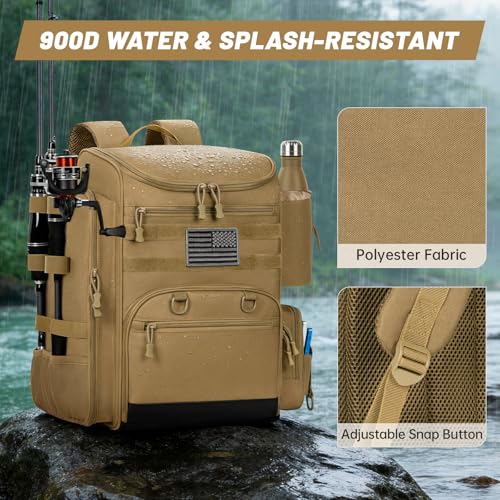 40L Fishing Backpack Water Resistant Fishing Tackle Bag with 2 Rod Holders, Tackle Storage Bag for Anglers(Khaki,Bag Only) - color: Khaki