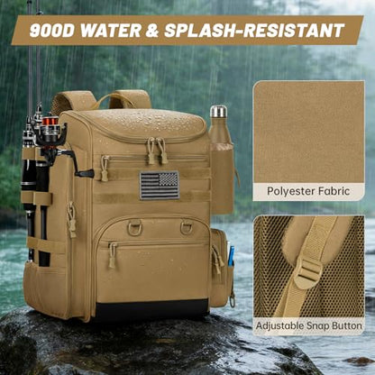 40L Fishing Backpack Water Resistant Fishing Tackle Bag with 2 Rod Holders, Tackle Storage Bag for Anglers(Khaki,Bag Only) - color: Khaki