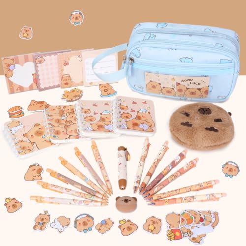 Capybara Theme Backpack for School Girls, 35PCS Kids Backpack Set with School Supplies Stationery Kit Lunch Box Pencil Case, Cute Girls Bookbag for Kindergarten Elementary Student - color: Blue