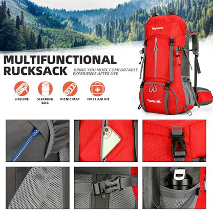 King'sGuard 60L waterproof lightweight hiking backpack with rain cover and shoe compartment outdoor sports travel backpack (Red) - color: Red