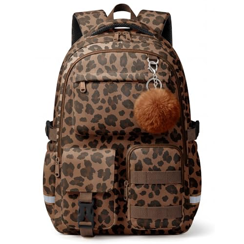 WOBAGMEN Cute Leopard Backpack for Teen Girls, Large Capacity Multi-Pocket School Bag Fits 15.6" Laptop, Lightweight Durable Daypack for School and Travel (Brown Leopard, M) - color: Brown Leopard