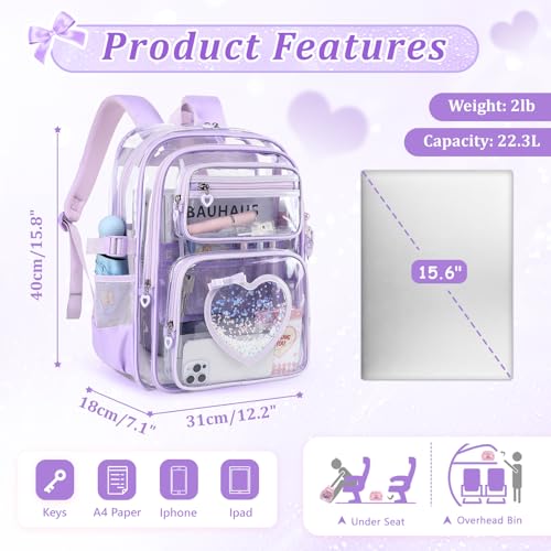 Clear Backpack for School Girls, Cute Heavy Duty PVC Transparent Bookbag, See-Through Bag for Stadium Event Purple - color: Purple