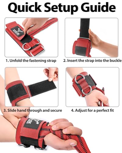 2-in-1 Weight Lifting Straps with D Ring, 7mm Neoprene Padded Wrist Support for Men & Women, Heavy Duty Gym Wrist Straps & Cable Machine Attachment for Gym, Powerlifting, Rows, Pull-ups - color: Red