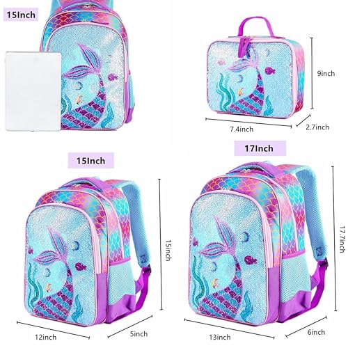 Reversible Sequin School Backpack Lightweight Little Kid Book Bag with Lunch Bag Set for Preschool Kindergarten Elementary(17", Mermaid with Lunch Bag) - size: 17"