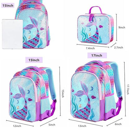 Reversible Sequin School Backpack Lightweight Little Kid Book Bag with Lunch Bag Set for Preschool Kindergarten Elementary(15", Mermaid with Lunch Bag) - size: 15"