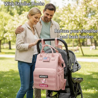 Diaper Bag Backpack for Dad and Mom with USB Charging Port Stroller Straps and Insulated Pocket,army military Travel Nappy Backpack for Daddy/Mommy (Pink) - color: Pink