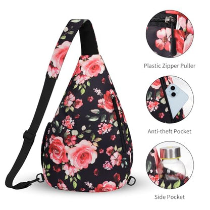 HUA ANGEL Crossbody Sling Bag for Men & Women Lightweight Waterproof Chest Shoulder Bag for Travel Hiking & Everyday Use - color: W-red Flower