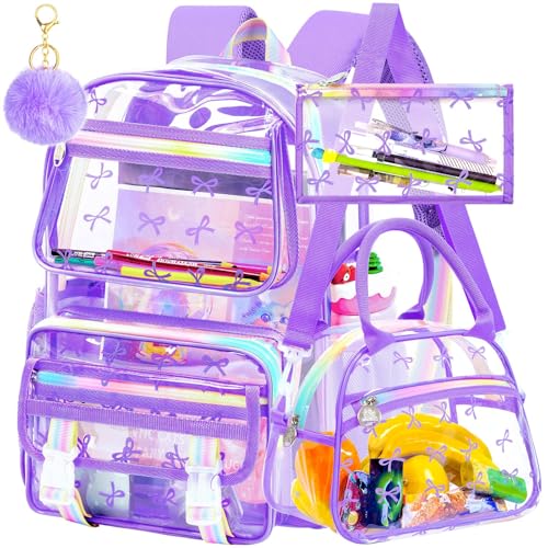 KLFVB 3PCS Girls Clear Backpack Heavy Duty, See Through School Bookbag Set, Cute Transparent Bag for Women - Bow Purple - color: Bow Purple Clear Backpack