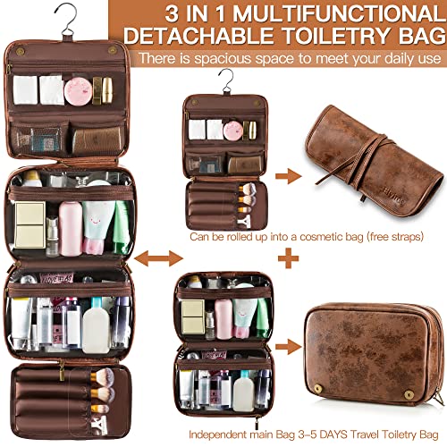 Elviros Hanging Toiletry Bag Removable Travel Bag PU leather Makeup Cosmetic Organizer Kit, Dark Brown - color: Dark Brown