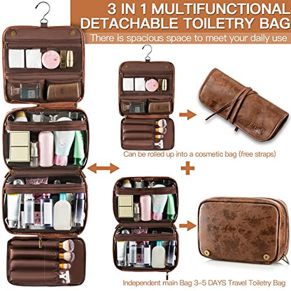 Elviros Hanging Toiletry Bag Removable Travel Bag PU leather Makeup Cosmetic Organizer Kit, Dark Brown - color: Dark Brown