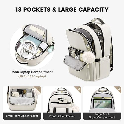 LOVEVOOK School Backpack for Teen Girls, Student Backpack Purse for 14-16 Teenage, Cute Kid Bookbag, Back to School Backpacks Fit 15.6 Inch Laptop, Large College Travel Bag, Beige-Black - color: Beige-black