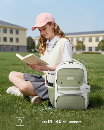 LOVEVOOK School Backpack for Teen Girl, Cute Bookbag with Large Bottle Holder, Lightweight Elementary Middle High School Student Backpack Fits 15.6 Inch Laptop, Back to Schools Kid Gift, Green-Cream - color: Sage Green - Cream, size: 15.6 Inch