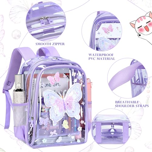 AO ALI VICTORY Clear Backpack for School,PVC Transparent Kids Bookbag for Girls Boys Cute Toddler Back Pack Kindergarten Elementary Schoolbag Stadium Approved See Through Backpacks, Purple Butterfly - color: Purple Butterfly