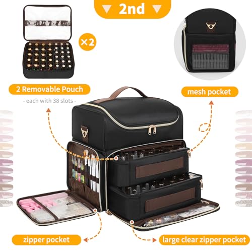 CUBETASTIC Extra Large Nail Polish Organizer Case Holds 86 to 100+ Bottles Nail Polish & Nail Lamp, Nail Supplies Storage Carrying Bag with 2 Removable Pouches - color: Heavy Duty Black