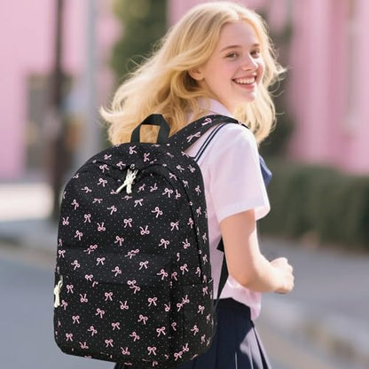 Bluboon School Backpack for Teen Girls Women Laptop Backpack College Bookbags Middle School Travel Work Commuter Back Pack - color: Pink Bow Black Background