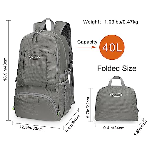 G4Free 40L Lightweight Packable Hiking Backpack, Waterproof Travel Daypack - color: Grey