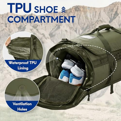 Haimont Heavy Duty Convertible Travel Duffel Backpack, Army Green, 60L | Shoe Compartment, Water-Resistant Tarpaulin, Wide U-Shaped Opening - color: Green, size: 60L
