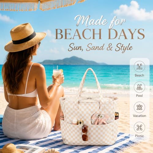 LEDAOU Beach Bag Waterproof Sandproof Women Beach Tote Pool Bag with Zipper for Swim Gym Grocery Travel with Wet Pocket | Sandproof - color: Light Khaki White Checkered